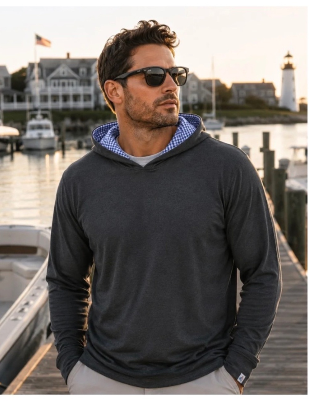 Coastal Crew Rockport Deckhand Hoodie Shirt Gray Bamboo Stretch Sailing Beach Lg